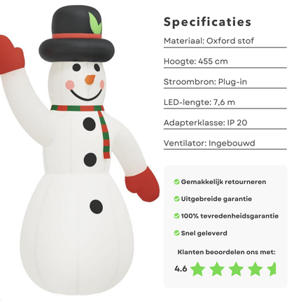 Cheqo® Opblaasbare Sneeuwpop - Sneeuwpop Opblaasbaar - Sneeuwman LED - 455 cm - Weerbestendige Kerstdecoratie - Oxford Stof