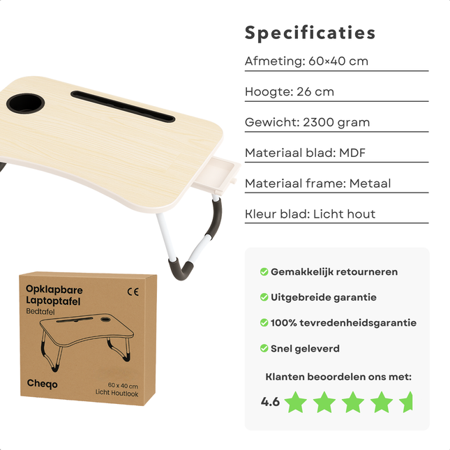 Cheqo® Opklapbare Laptoptafel - Ontbijt op Bed Tafel - Bedtafel met Tablethouder - Bank Tafeltje - Banktafel - Ontbijttafeltje - Bruin