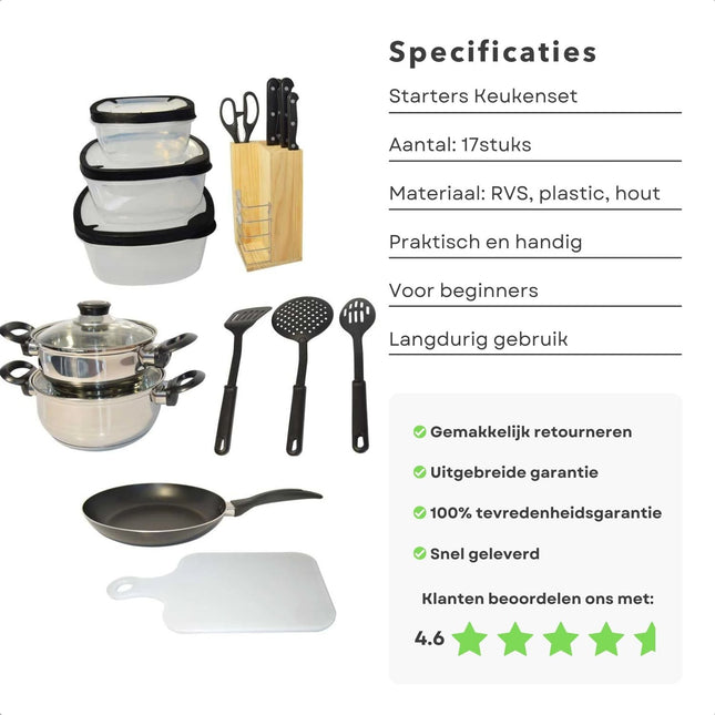 Cheqo® Complete Keukenset Voor Starters - 17 delig - RVS Pannenset - Opbergbakjes - Messenblok - Snijplank - Spatels - Kookpan - Koekenpan - Ideaal voor Studenten - Keukengerei Set - Kookgerei - Met Glazen Deksel - Voor Alle Warmtebronnen pannensets