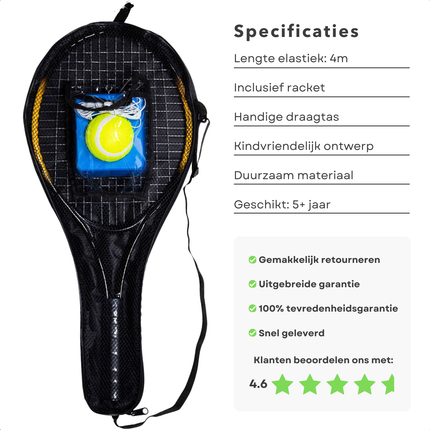 Cheqo® Tennistrainer Set - Tennis Trainer - Tennisracket met Elastiek - Swingball - Tennistrainer - Ideaal voor Kinderen - 4m Elastiek - Inclusief Racket