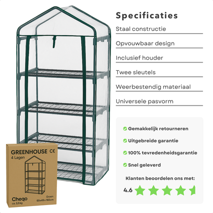 Cheqo® Mini Kas 4 Lagen - Kweekkas met Opbergruimte - Compacte Tuinkas voor Groente Kweken - Foliekas - Moestuin - Weerbestendige Plantenkas - Kweekkas