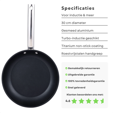 Cheqo® Koekenpan met Titanium Anti-Aanbak - Bakpan - Inductie 30 cm - Gesmeed Aluminium Pan - Turbo-Inductie Geschikt - Horeca Handgreep