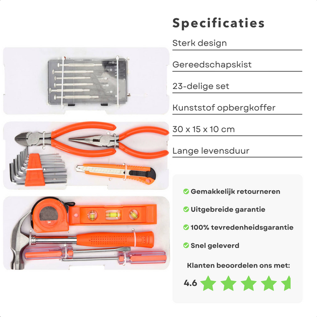 Cheqo® Gereedschapsset - 23-delig - Gereedschapskist - Gereedschapskoffer - Handgereedschap - Rolmaat - Inbus - Hamer - Tangen - Schroevendraaier - Waterpas - Voor Hobbyist & Professional Gereedschapsset