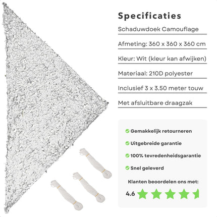 Cheqo® Schaduwdoek Camouflage - Driehoek - 360x360x360 cm - Wit - Waterdoorlatend en Windbestendig - Inclusief Scheerlijnenset - 210D Polyester - Draagzak inbegrepen - Schaduwnet - Schaduwdoeken - Zonwering - Luchtdoorlatend Schaduwdoek