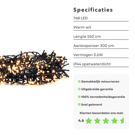 Cheqo® Kerstboomverlichting LED - Clusterverlichting Kerstlampjes - Kerstverlichting - Kerstboom Verlichting - Warm Wit - 5.5M 768 Leds - Waterdicht IP44 - Binnen & Buiten