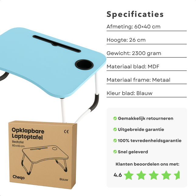 Cheqo® Opklapbare Laptoptafel - Ontbijt op Bed Tafel - Bedtafel met Tablethouder - Bank Tafeltje - Ontbijttafeltje - Banktafel - Blauw