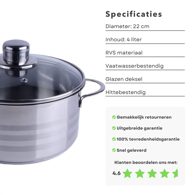 Cheqo® RVS Kookpan 22 cm - Soeppan - Inductie & Vaatwasserbestendig - 4L - Met Glazen Deksel