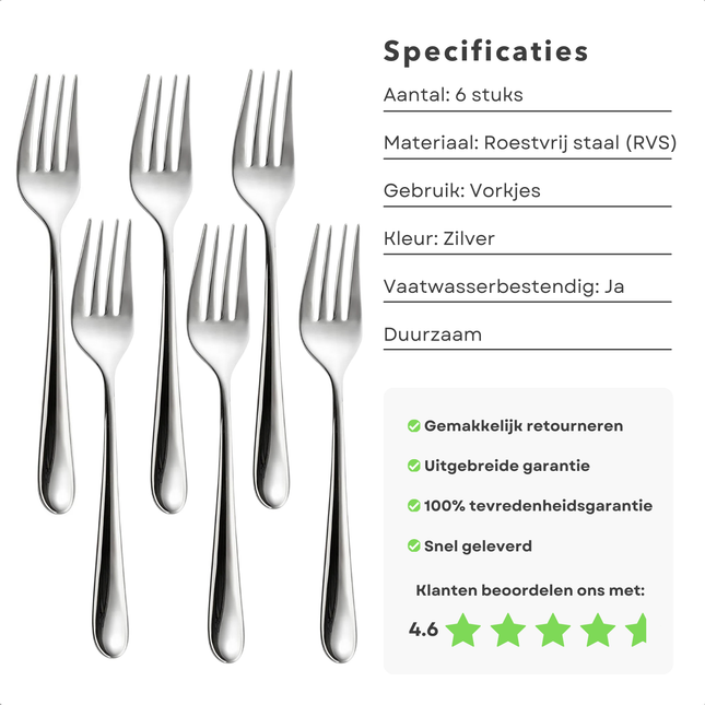 Cheqo® Gebakvorkjes Set - RVS - Vaatwasserbestendig - 6 Stuks - Roestvrijstalen Bestek