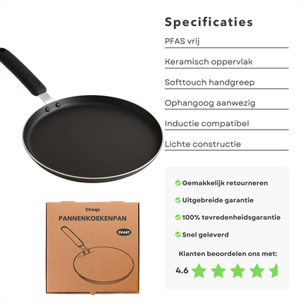 Cheqo® Pannenkoekenpan 24 cm - Pannenkoekpan PFAS Vrij - Crepe Pan - Koekenpan voor Pannenkoeken - Keramische Anti-aanbaklaag - Ook voor Inductie - Zwart