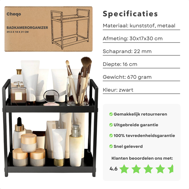 Cheqo® Aanrechtorganizer Zwart - Badkamerrek Kunststof - Compact Keukenrek - Badkamerrek - Keukenrek - Opbergrek - Metaal Frame