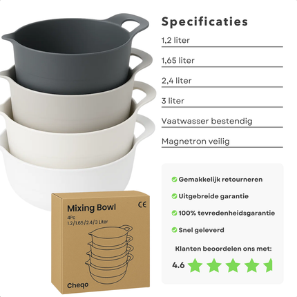 Cheqo® Mengkom Set - Beslagkommen - Kunststof Mengkommen - Anti-Slipring - Grote Handvat - Schenktuit - Moderne Keuken - Stapelbare Kommen - Meng Kom - Mengkom Set - Beslag Kom - Beslagkom - Kommenset