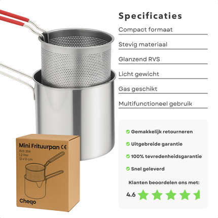 Cheqo® Frituurpan met Korf - Voor Fornuis - Frituur Pan - RVS - 1.2L - Geschikt Voor Gas - Inclusief Frituurmandje