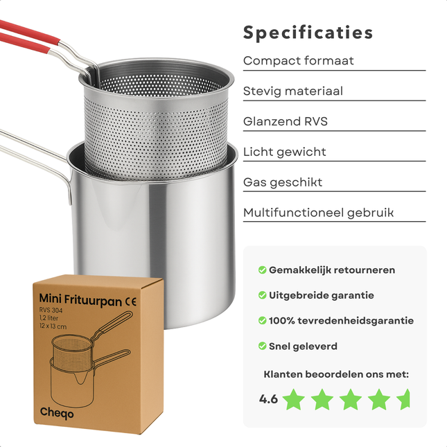 Cheqo® Frituurpan met Korf - Voor Fornuis - Frituur Pan - RVS - 1.2L - Geschikt Voor Gas - Inclusief Frituurmandje