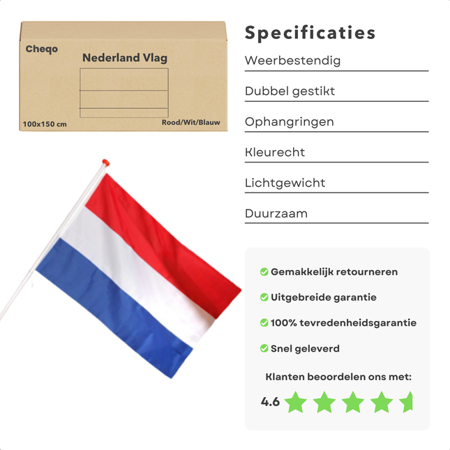 Cheqo® Nederlandse Vlag - Rood Wit Blauw - Ideaal voor Koningsdag en Bevrijdingsdag - Hollandse Vlag - Dutch Flag