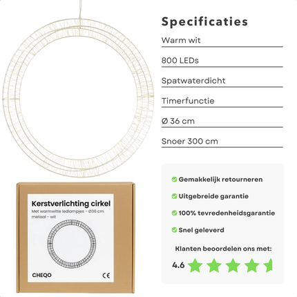 Cheqo® Kerstkrans LED - Kerstverlichting Krans - Warm Witte LED - Metalen Cirkel - IP44 Stekker - Timerfunctie - Buitenverlichting Wit - Raamdecoratie Kerst - Tuinverlichting - Kerstdecoratie - Kerst Krans - Deurkrans