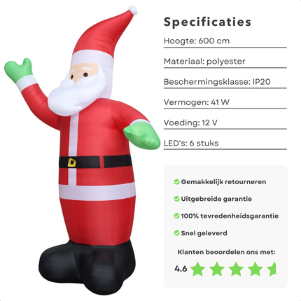 Cheqo® Opblaasbare Kerstman XXL - Kerstman Opblaasbaar - Kerstversiering - 600 cm - LED Verlichting - Weerbestendig Polyester