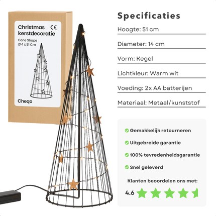 Cheqo® LED Kerstdecoratie - Kegelvormige Kerstverlichting - Warm Witte Led's - Geschikt voor Binnen en Buiten - Moderne Kerstverlichting op Batterijen - Kerstboom LED - Kerstfiguur - Energiezuinige Kerstverlichting