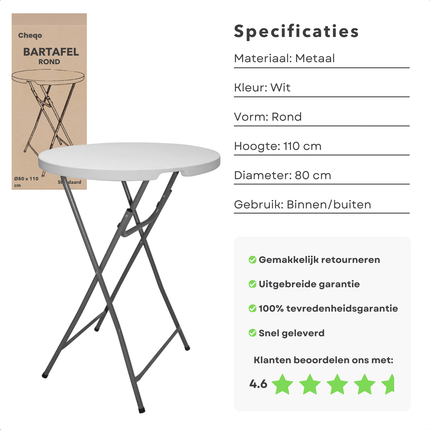 Cheqo® Opvouwbare Bartafel - Statafel - Partytafel - Cocktailtafel - 80 cm - Voor Binnen en Buiten - Wit