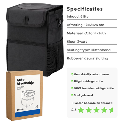 Cheqo® Auto Afvalbakje - Waterdichte Prullenbak - Auto Prullenbak - Opvouwbaar Afvalbakje - Draagbare Vuilnisbak - Verstelbare Riem - Rubberen Deksel - Geurvrije Prullenbak - Extra Opbergvakken - Klittenband Sluiting