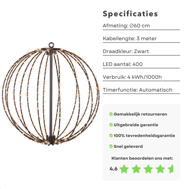 Cheqo® LED Lichtbal 60 cm - Lichtbol - Sfeerverlichting Binnen & Buiten - Kerstverlichting - Kerstbal Verlicht - Automatische Timer - Energiezuinig