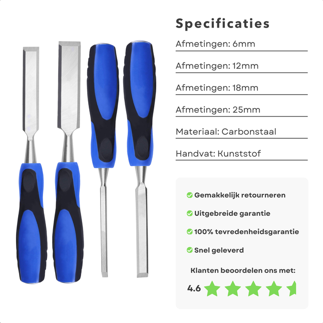 Cheqo® Beitelset Houtbewerking - Houtbeitelset - Beitels voor Hout - Carbonstaal - Anti-slip Handvat - 6-25mm