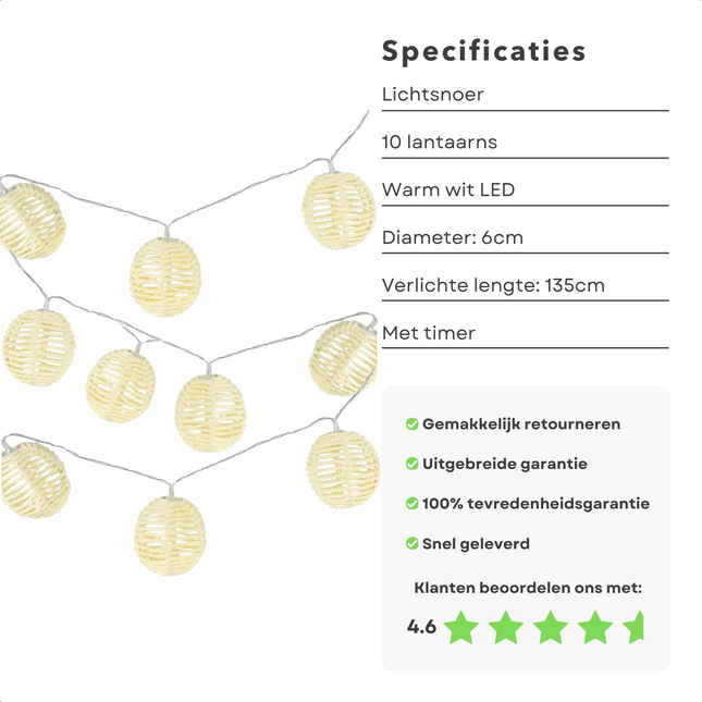 Cheqo Lichtsnoer met 10 LED lampionnen, 135cm lengte, warm wit met timer, klantbeoordeling 4.6 sterren.