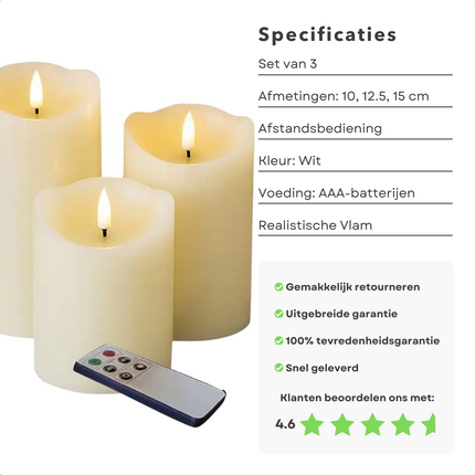 Cheqo® Luxe LED Kaarsen - Set Van 3 - Met Handige Afstandsbediening - Inclusief Batterijen - Realistische Vlam - Veilig & Duurzaam - Theelichtjes - Kaarsen op Batterijen - Kerstverlichting - Sfeerverlichting - 10, 12.5 en 15 cm - Horeca Kaarsen Led-kaarsen