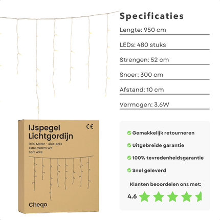 Cheqo® Ijspegel Lichtgordijn - 480 LED's - Extra Warm Wit - Lichtnet - Kerstverlichting Buiten - Binnen En Buiten - IP44 Spatwaterdicht - Energiezuinige LED's - 8 Lichtfuncties - 9.50 Meter - Groen Snoer - Lange En Korte Strengen