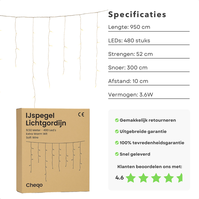 Cheqo® Ijspegel Lichtgordijn - 480 LED's - Extra Warm Wit - Lichtnet - Kerstverlichting Buiten - Binnen En Buiten - IP44 Spatwaterdicht - Energiezuinige LED's - 8 Lichtfuncties - 9.50 Meter - Groen Snoer - Lange En Korte Strengen