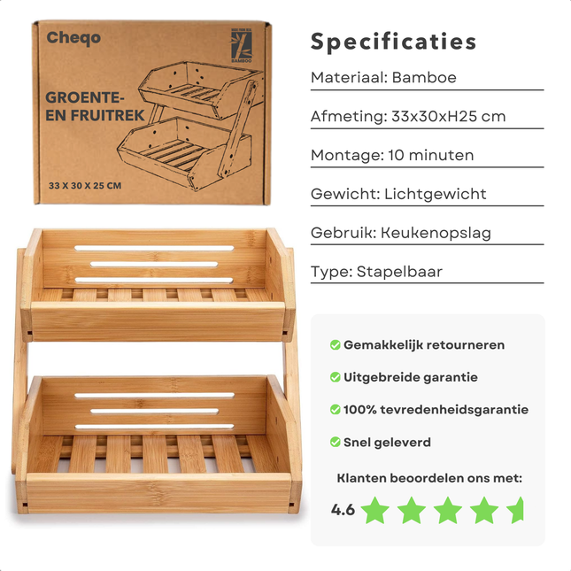 Cheqo® Bamboe Groente- en Fruitrek - Fruitmand - Fruitschaal - Aardappelbak - Aanrecht Organiser - Fruitkistje - Etagere - Compacte Opslag - Duurzaam Bamboe
