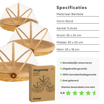 Cheqo® Vliegenkap Set - Vliegenhoes - Vliegenverjager - Foodcover - Insectenbescherming -  Voedselbescherming - Ronde Vliegenkap - 3 Stuks