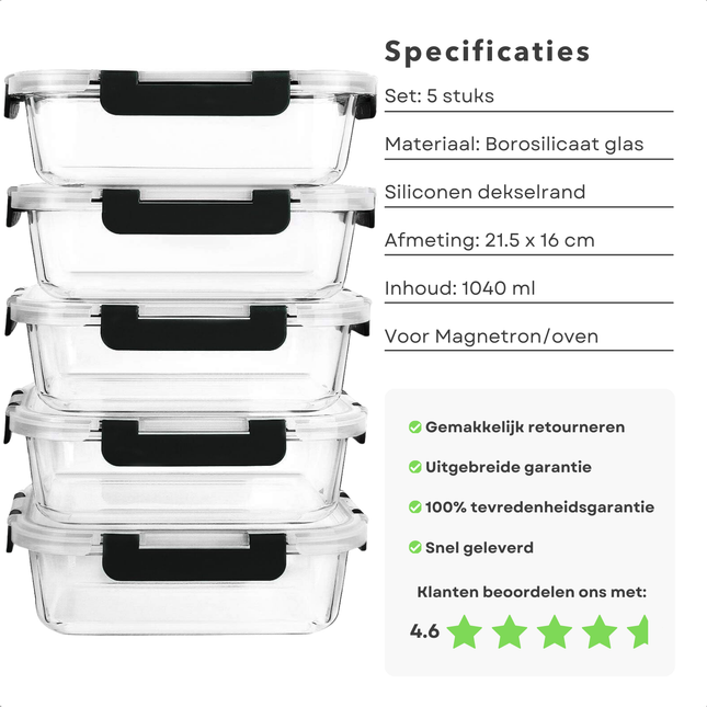 Set of 5 Cheqo® glass meal prep containers, airtight, leakproof, 1040 ml, microwave safe, borosilicate glass, black silicone lids.