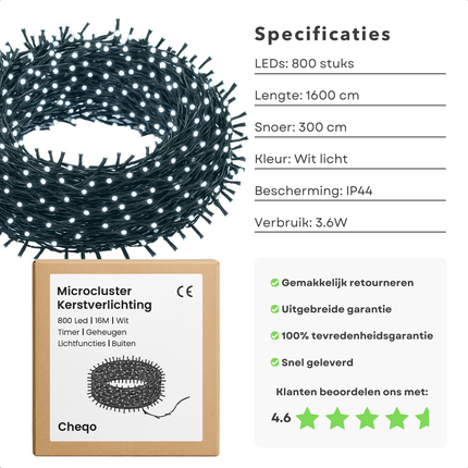 Cheqo® Kerstverlichting - Kerstlampjes - Kerstboomverlichting 16 Meter - 800 LED Lampjes - Geschikt voor Buiten - Geschikt voor Binnen - Koelwit Licht - 8 Lichtfuncties - Lichtsnoer met Timer - Geheugenfunctie - IP44 Adapter