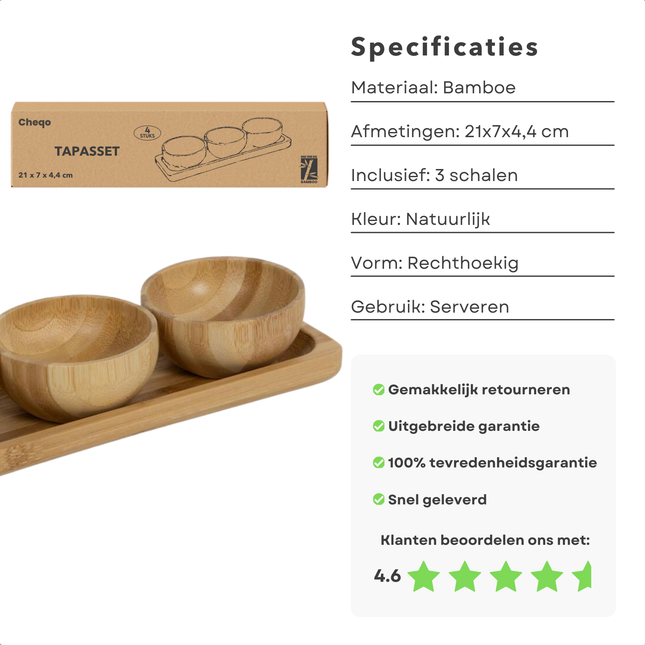 Cheqo® Bamboe Tapas Set - Serveerplank 21x7 cm - Inclusief 3 Schalen - Duurzaam Bamboe