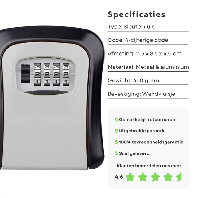 Cheqo® Compacte Sleutelkluis - Met Code - Veilige Sleutelopslag - 11.5 x 8.5 x 4.0 cm - Metaal en Aluminium - 4-Cijferige Beveiligingscode - Geschikt voor Wandmontage - Weersbestendig - Sleutelkluisje met Cijferslot - Grijs - Zwart Sleutelkluizen