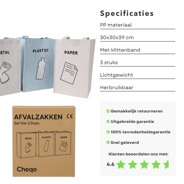 Cheqo® Afvalzakken Set - Afval Scheiden - Recycle Zakken - Koppelbare Afvalzakken - 3 Stuks - Klittenband Bevestiging - PP Materiaal - Milieuvriendelijk - Herbruikbare Zakken - Afval Sorteren - Kunststof Zakken