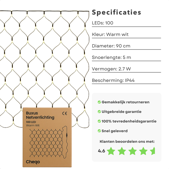 Cheqo® Buxus Netverlichting - Kerstverlichting - Kerstlampjes - 100 LED Lampjes - Warm Wit Licht - Buxus Verlichting - Energiezuinige Led's - Geschikt voor Buiten - IP44 Adapter - 90 CM Diameter - LED Netverlichting - Buxusbol Verlichting