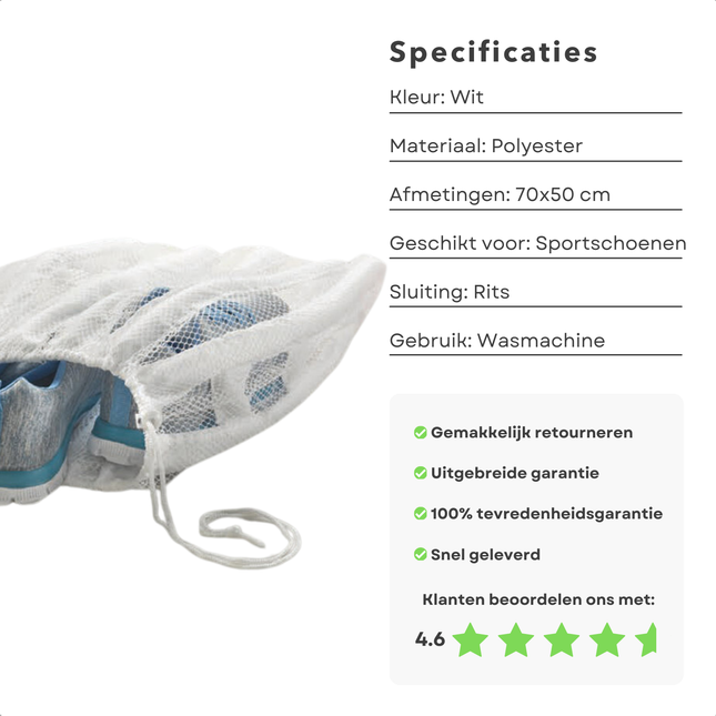 Cheqo® Waszak voor Schoenen - Wasnetten - Wasnet voor Sportschoenen - 70x50 cm - Witte Mesh Waszak - Beschermend en Duurzaam