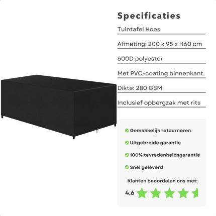 Cheqo® Waterdichte Afdekhoes voor Tuintafel - Zware Kwaliteit - Tafel Beschermhoes - 200 x 95 x H60 cm  - Incl. Opbergzak - UV Bescherming - PVC Coating - 600D Polyester - Hoge Kwaliteit - Tafelhoes Vierkant - Tuinsethoes - Tuinmeubelhoes tuinmeubelhoezen