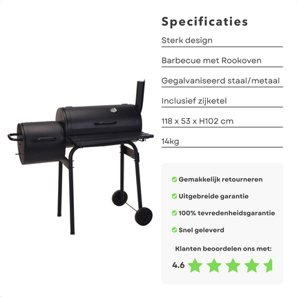 Cheqo Rookoven Barbecue Smoker with thermometer, galvanized steel, side kettle, on wheels, 118x53x102 cm.