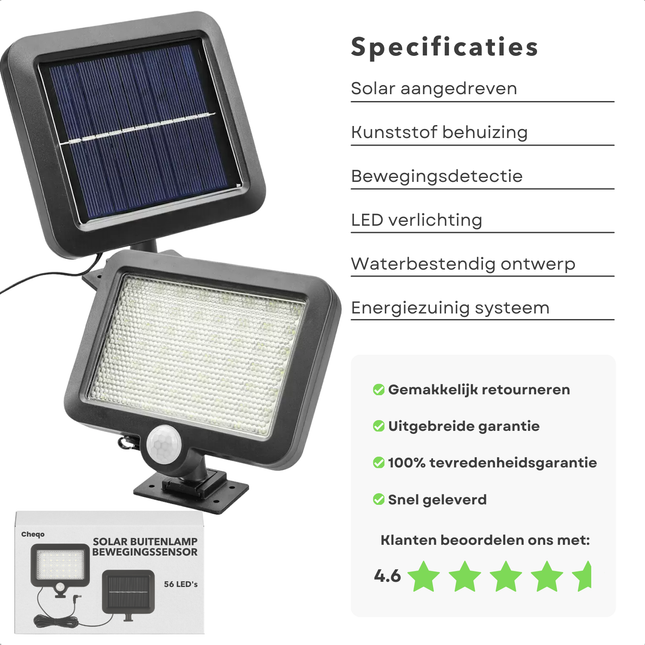 Cheqo® Solar Buitenlamp Met Bewegingssensor - Lamp met Sensor - Buitenverlichting  op Zonne-energie - Wandlamp met Zonnepaneel - Solar Wandlamp