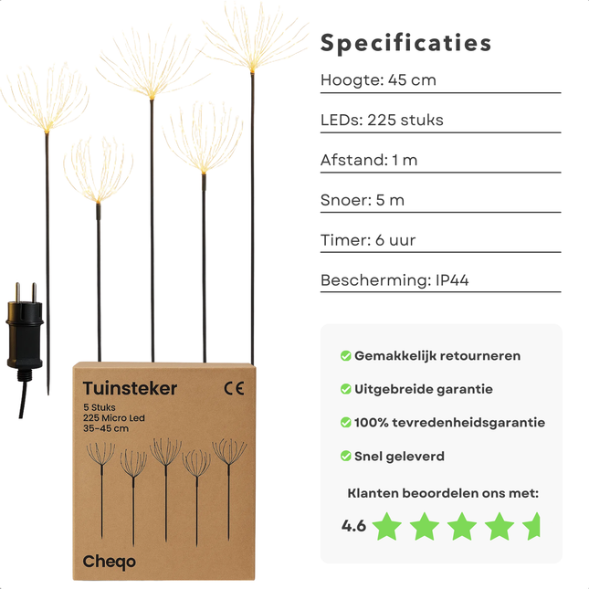 Cheqo® Tuinsteker Met Ledverlichting - Kerstverlichting Buiten - Kerstversiering Tuin - Verlichte Tuinstekers - Set Van 5 Tuinstekers - Warm Wit Licht - Adapter Met Timer - IP44 Geschikt Buiten - 225 Micro Led - Kerstdecoratie Buiten