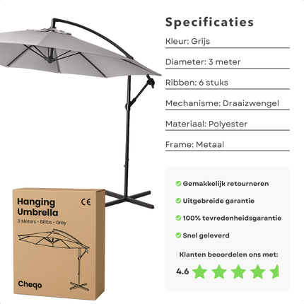 Cheqo® Zweefparasol 3M - Zweef Parasol Kantelbaar - Verstelbaar Stalen Frame - Inclusief Voet - Voor Tuin en Balkon - Grijs