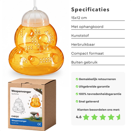 Cheqo® Wespenvanger - Wespenval - Wespenval Buiten - Wespenvanger Buiten - Insectenval - Insectenvanger - Wespentrap - Hangende Wespenvanger - Hangende Wespenval