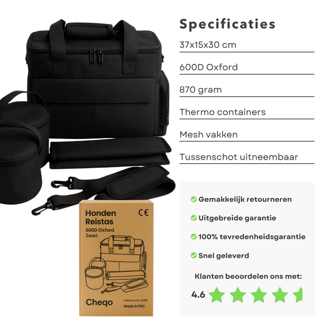 Cheqo® Honden Reistas Zwart - Huisdieren Reistas - Dieren Tas - Hondentas - Ruime Opbergmogelijkheden - Oxford Materiaal