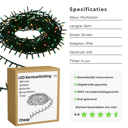 Cheqo® LED Kerstverlichting - Kerstlampjes - Kerstboomverlichting 480 LED - 36 Meter - Kerstverlichting - Multicolor - 8 Lichtfuncties - Binnen en Buiten - Lichtsnoer - Veelkleurig - Energiezuinig - IP44 Adapter - Timer Functie - Geheugenfunctie