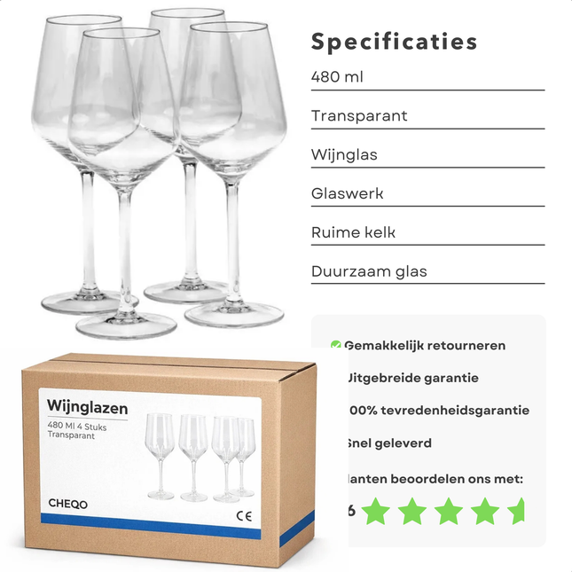 Cheqo® Wijnglazen Set - Wijnglazen - Wijnglazen 4 Stuks - Wijnglazenset 4 - Wijnglazen Set 4 - Wijnglas Set - Wijnglas - Wijnglazen voor Diner - Wijnglazen voor Borrel - Wijnglazen Cadeau