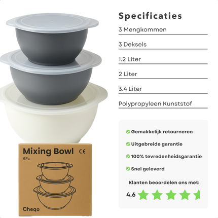 Cheqo® Mengkommen Set - Beslagkom Met Deksel - Polypropyleen Mengkom - Keuken Essential - 3-Delige Set - Vaatwasserbestendig - Magnetronbestendig - Nestbare Kommen - Compacte Opslag - Schenktuit - Siliconen Deksel - Bakken En Mixen