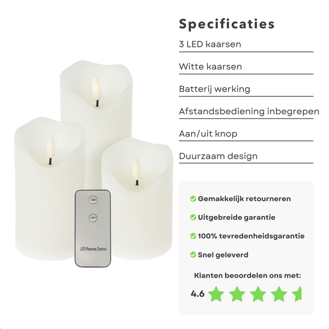 Cheqo® LED Kaarsen met Afstandsbediening - Kaarsen Set - Wit - Met Afstandsbediening - Op Batterij - Sfeerverlichting