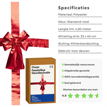 Cheqo® Rode Deurstrik - Kerstdecoratie -Glanzende Strik - Klittenband Bevestiging - Rode Kerststrik - Feestelijke Decoratie - Deurversiering - Grote Strik - Rode Glans - Decoratieve Strik - Deurkrans Alternatief - Deurstrik - Kerst Strik